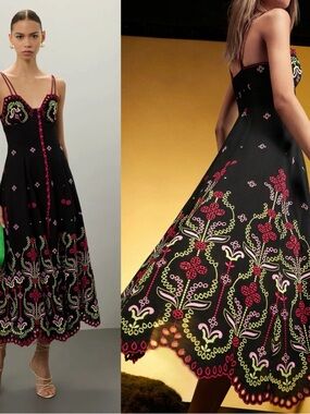 Charo Ruiz Mutti Black Floral Embroidered Eyelet Ibiza Midi Dress Size XS